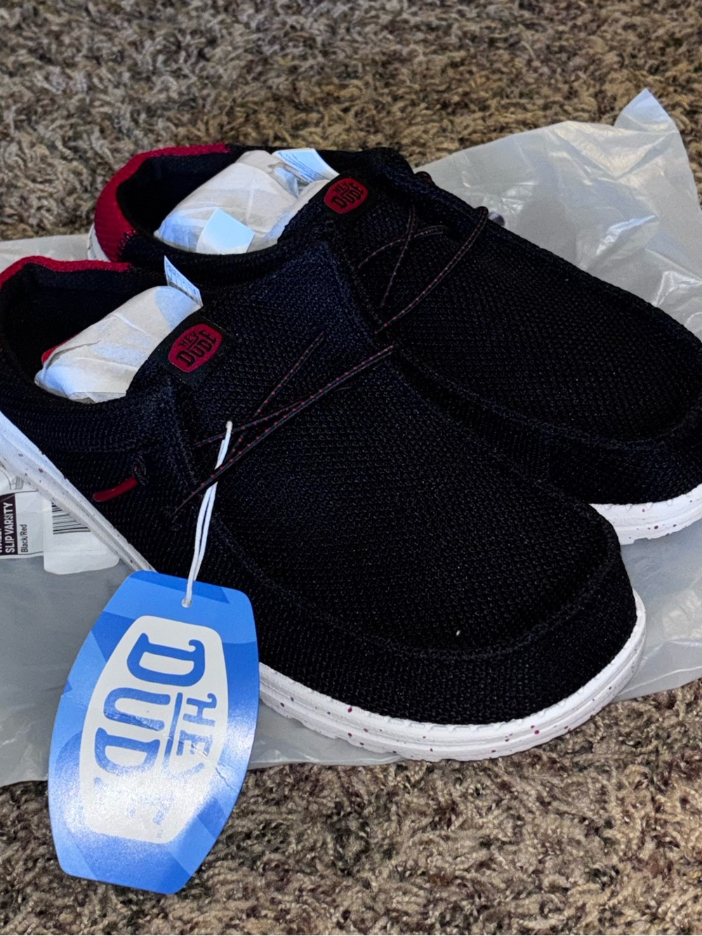 Hey Dude Wally Slip Varsity Mule Shoes Men’s Size 7 Black/Red Slip On Comfort